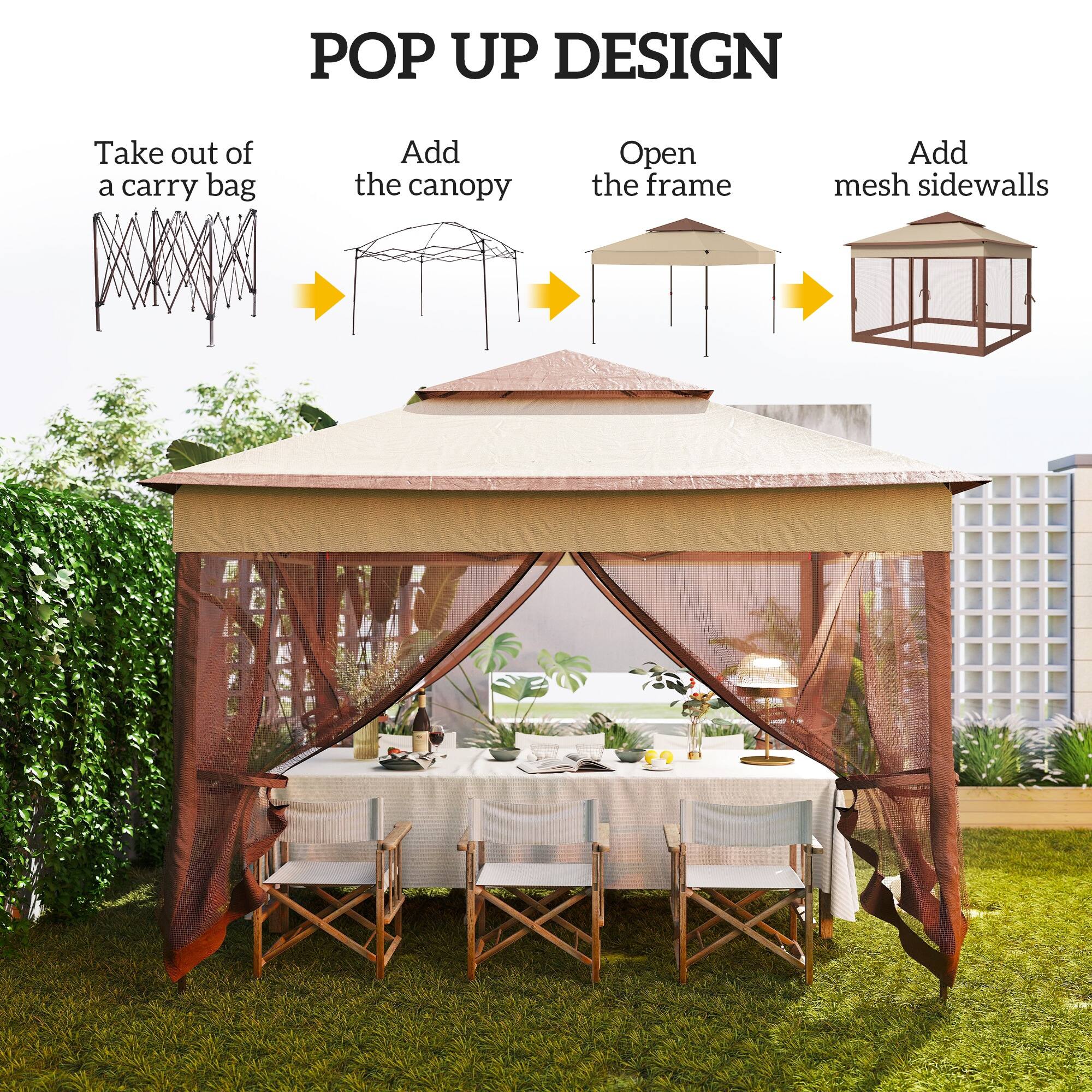 POP UP DESIGN

1. Take out of a carry bag
2. Add the canopy
3. Open the frame
4. Add mesh sidewalls