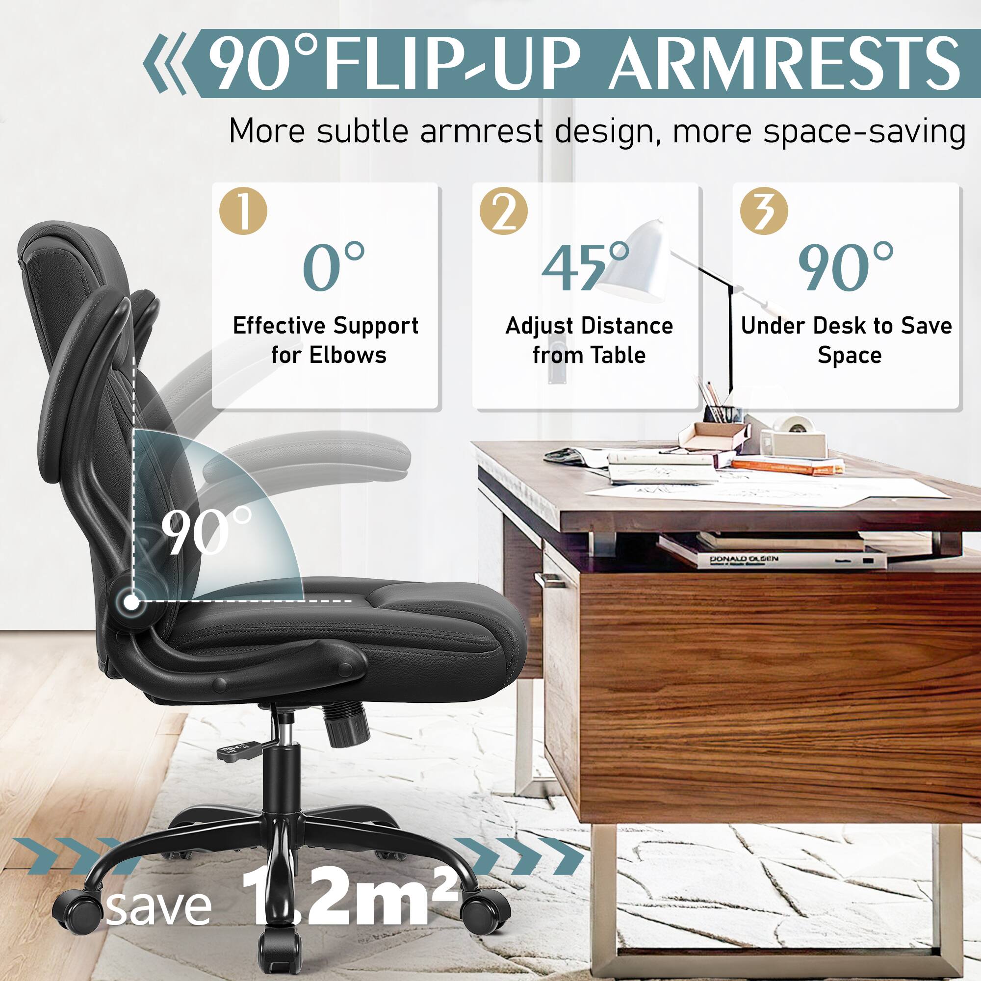 90°FLIP-UP ARMRESTS, More subtle armrest design, more space-saving, 1. 0° Effective Support for Elbows, 2. 45° Adjust Distance from Table, 3. 90° Under Desk to Save Space, save 1.2m².