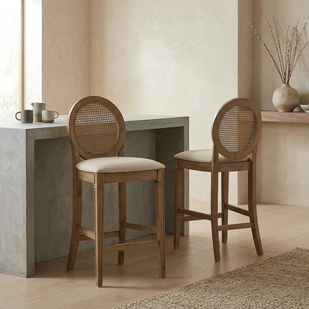 Alt View 4. FurniFact - Cane-Back Counter Stool Set with Stylish Design and Durable Frame - Driftwood.