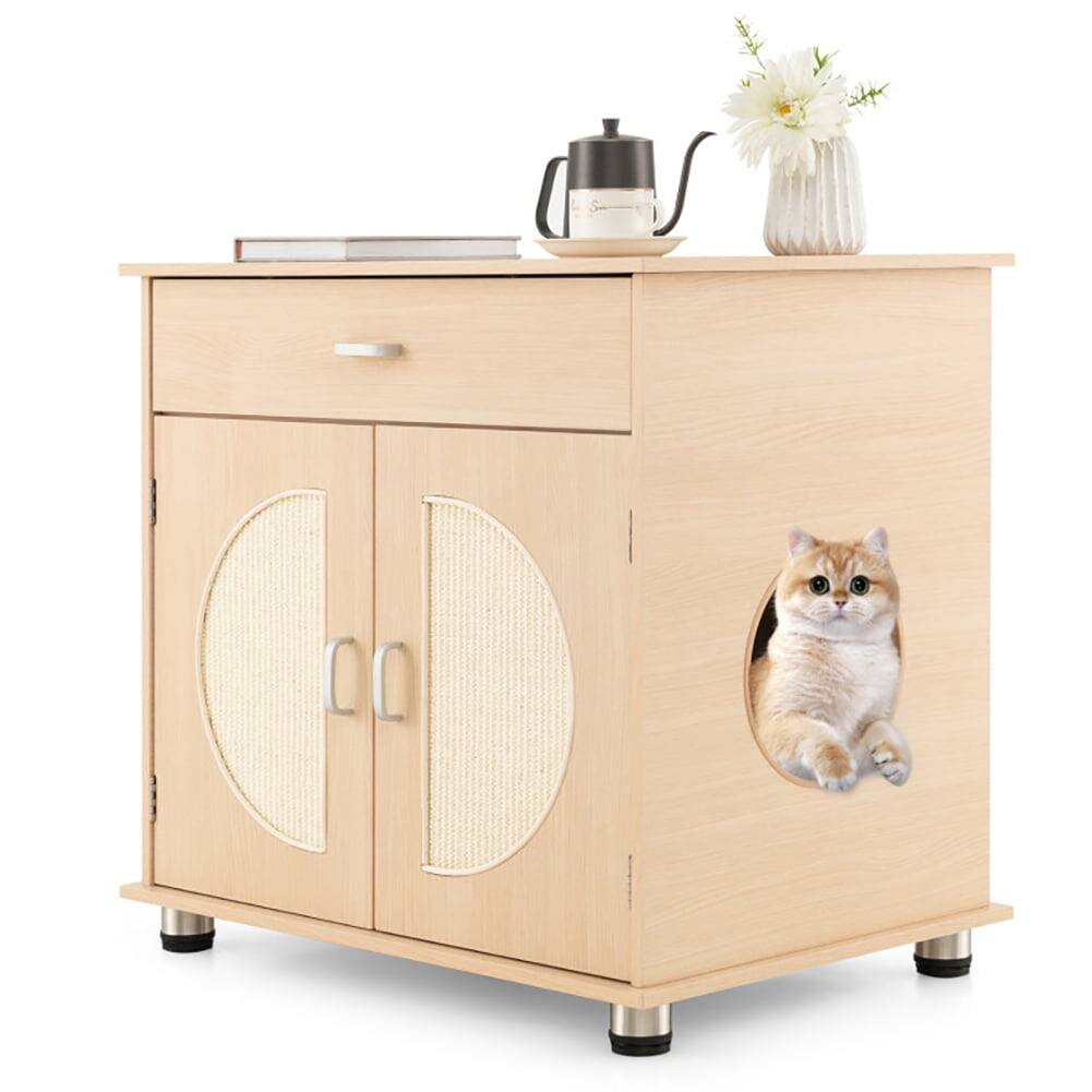 Angle. Pefilos - Cat Litter Box Enclosure with Sisal Scratching Doors and Adjustable Metal Feet-Natural, Cat Litter Box Enclosure, Hidde - Yellow.
