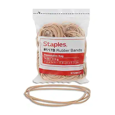 Staples
#117B Rubber Bands
Resealable Bag
1/4 lb - 113 g
7 in x 1/2 in - 17.8 cm x 0.3 cm
ST28627