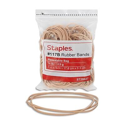 Staples  
#117B Rubber Bands  
Resealable Bag  
1/4 lb - 113 g  
7 in x 1/2 in - 17.8 cm x 0.3 cm  
ST28627