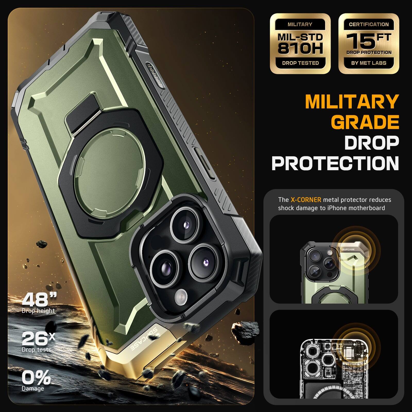 MILITARY MIL-STD 810H DROP TESTED CERTIFICATION 15 FT DROP PROTECTION BY MET LABS MILITARY GRADE DROP PROTECTION. The X-CORNER metal protector reduces shock damage to iPhone motherboard. 48" Drop-height, 26x Drop tests, 0% Damage. SEPCASE.