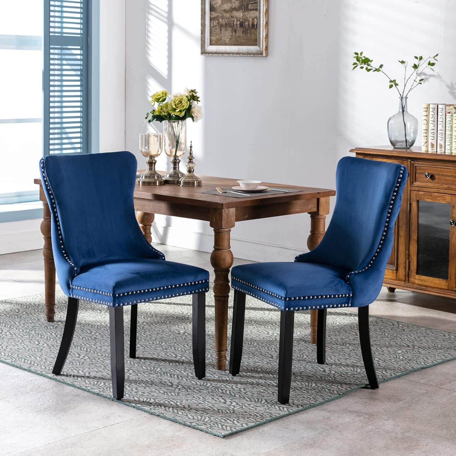 Trinkets Crazed - Upholstered Wing-Back Dining Chair with Backstitching Nailhead Trim and Solid Wood Legs,Set of 2 - Blue