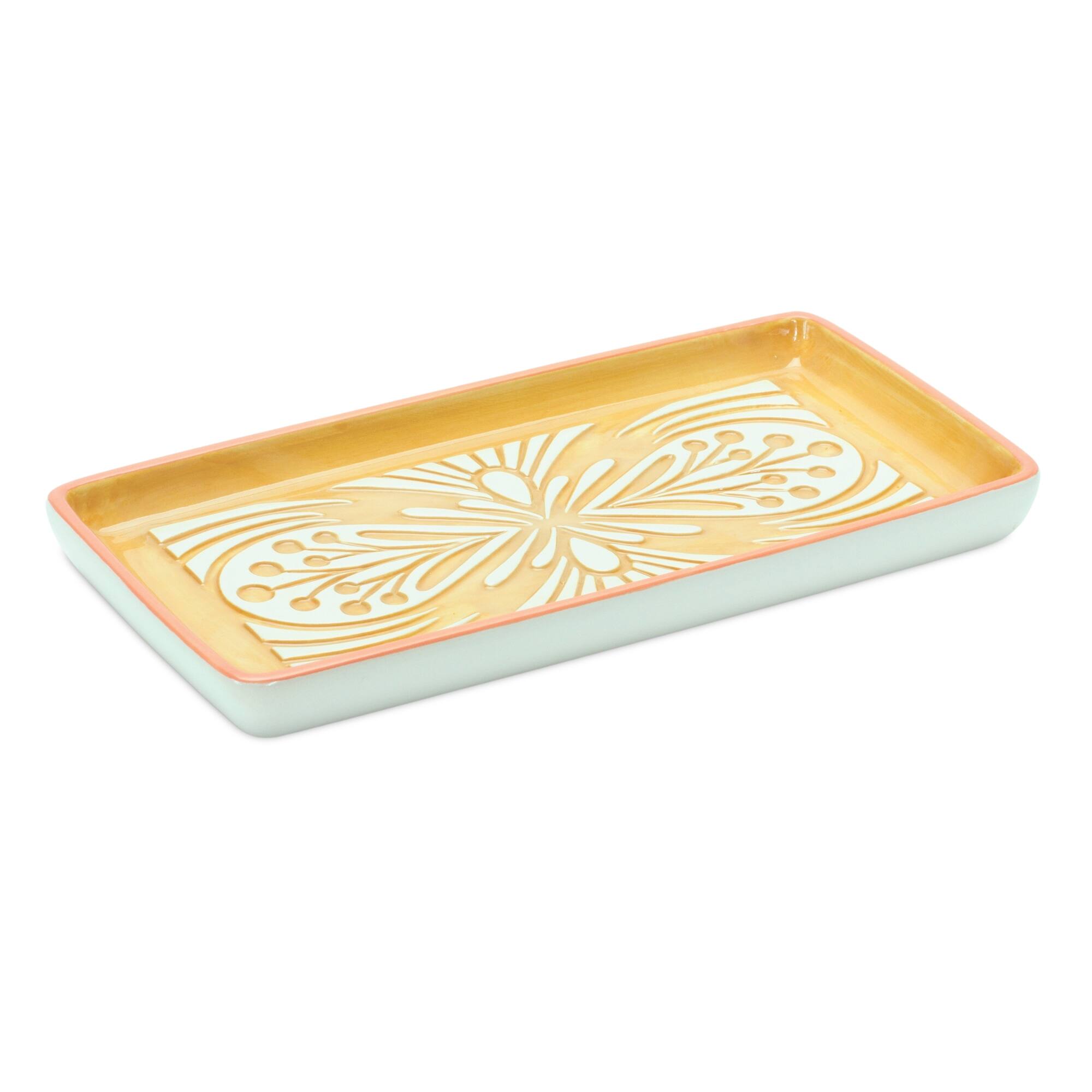Left. BreeBe - Ornamental Ceramic Tray (Set of 6) - Green, Yellow, White.