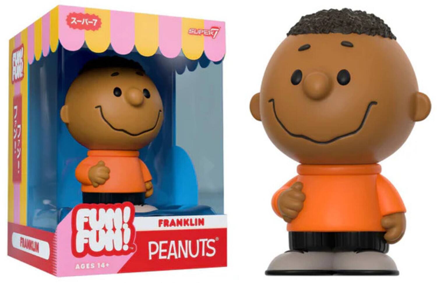 Sure, here is the corrected and grouped text from the image:

**Front of the Box:**
- SUPER7
- FUN! FUN!
- FRANKLIN
- PEANUTS
- AGES 14+

**Side of the Box:**
- スーパー7 (Super 7)

**Top of the Box:**
- スーパー7 (Super 7)

**Bottom of the Box:**
- FRANKLIN
