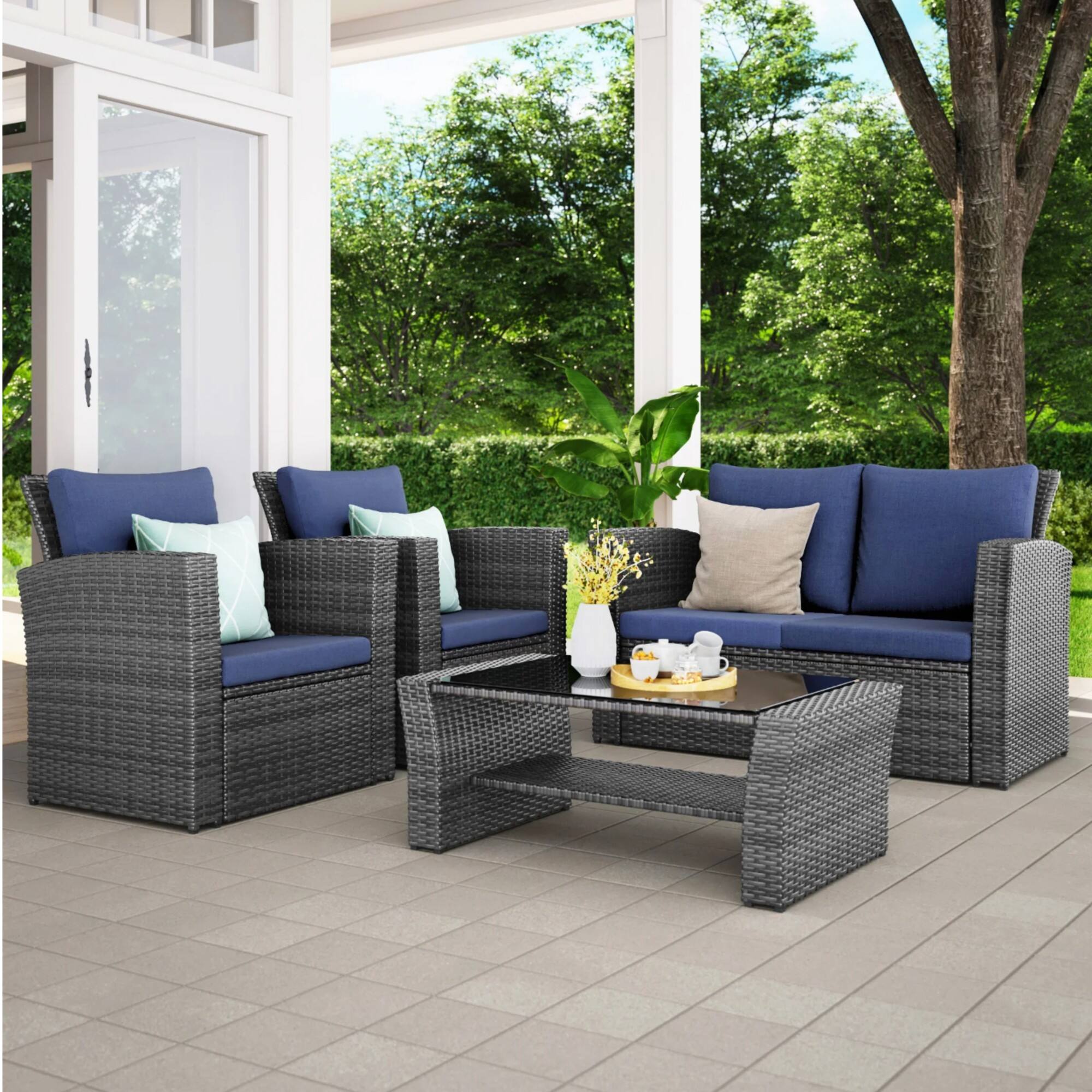 Left. Mondawe - 4-Piece Wicker Patio Conversation Set with Glass Table and Cushions - Blue+Brown.