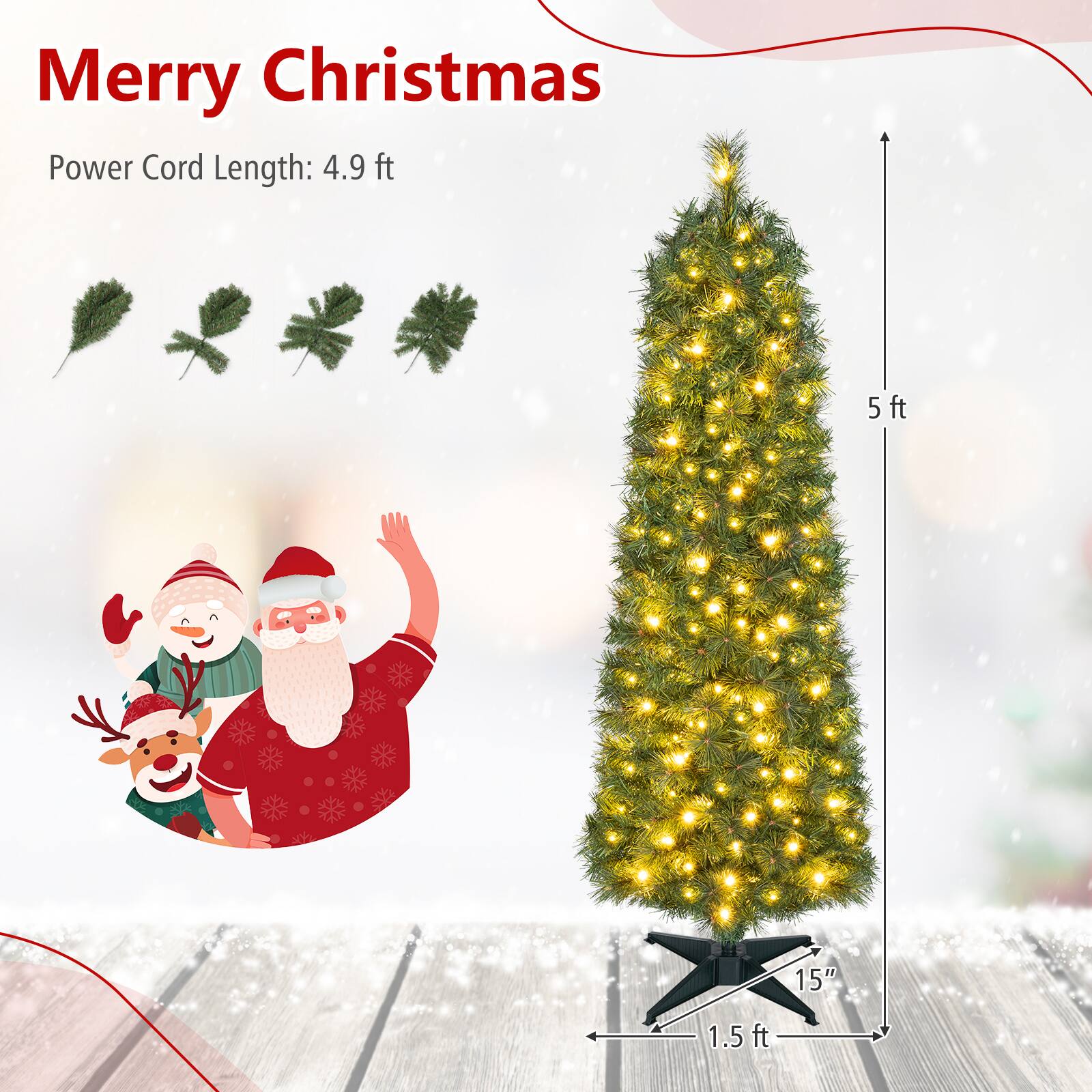 Costway 5 FT Slim Pencil Christmas Tree with 309 Full Branch Tips 100 ...