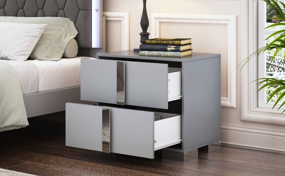 Alt View 5. Spaco - Spaco 2 Drawers Elegant Nightstand with Metal Foot, Mirrored Bedside Table for Bedroom, Living Room - Gray.