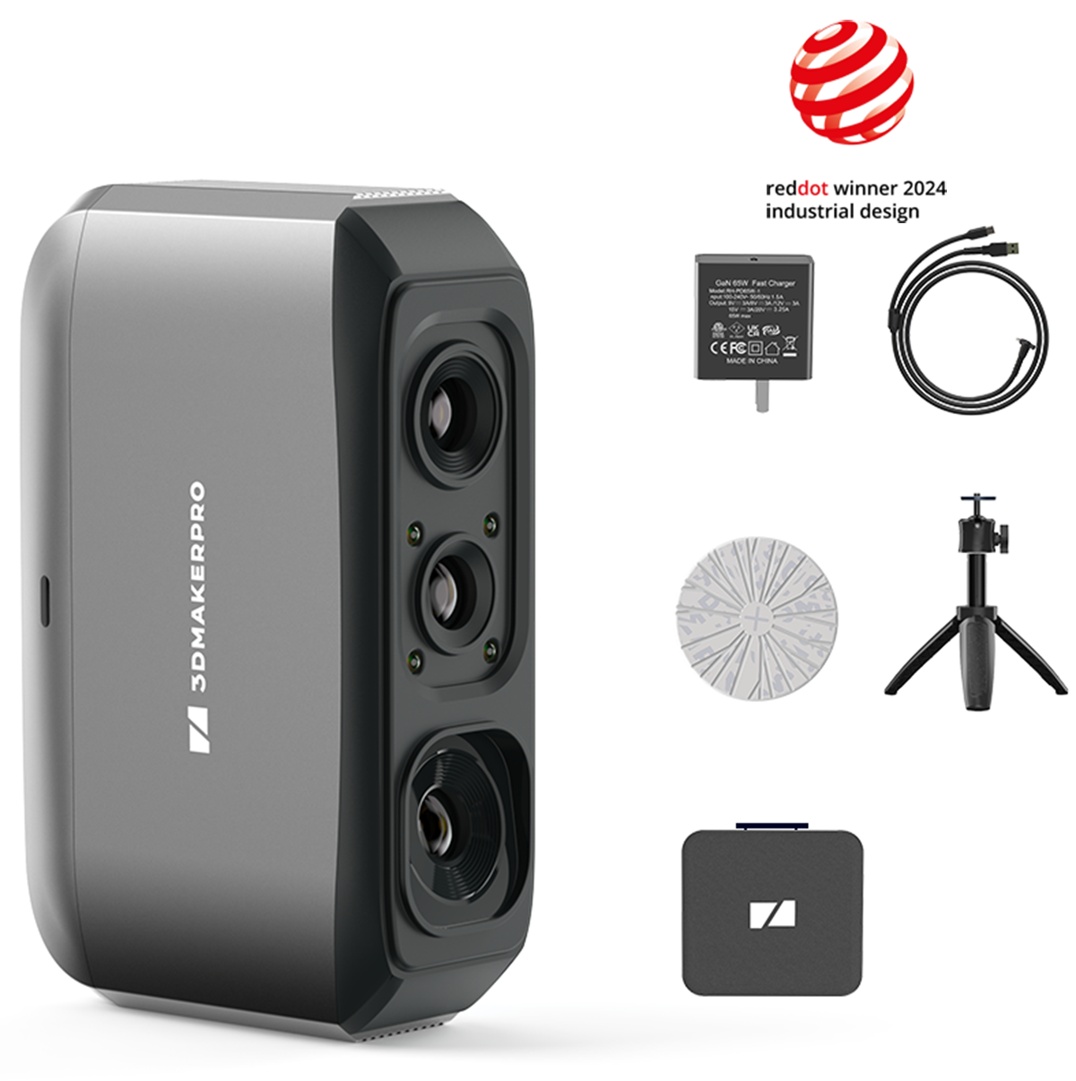 The image features a 3D MakerPro camera, which is a reddot winner in industrial design. The camera is accompanied by various accessories, including a tripod, a remote, and a lens. The camera is also shown with a lens and a remote, indicating that it is a versatile and functional device for photography and videography.