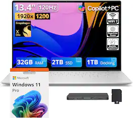 Dell - Upgraded - XPS 13 13.4" FHD+ Laptop,Snapdragon X1 Elite,32GB RAM,2TB SSD+1TB Dock Set,Backlit,Fingerprint,Win 11 Pro - Platinum
