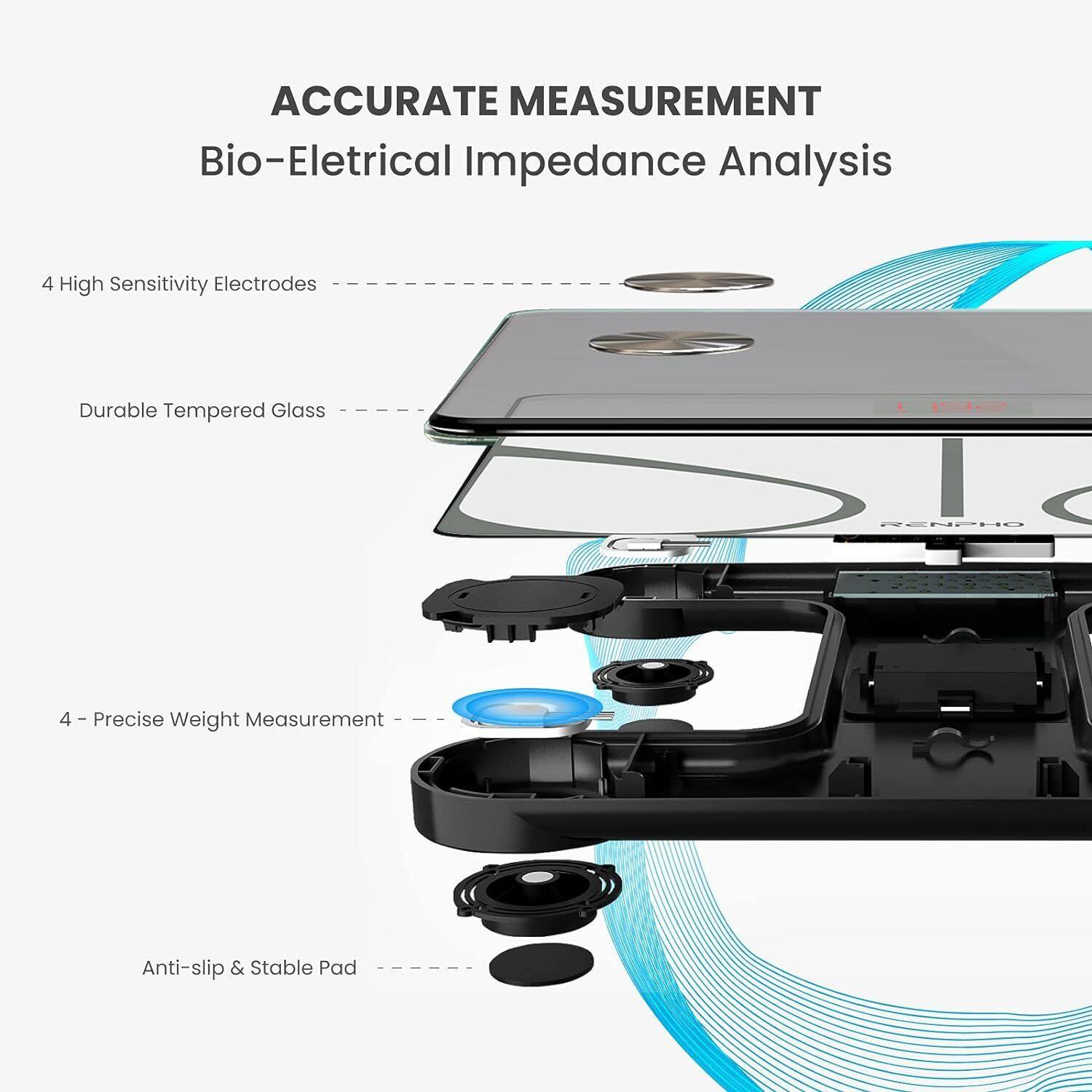 ACCURATE MEASUREMENT  
Bio-Electrical Impedance Analysis

4 High Sensitivity Electrodes

Durable Tempered Glass

4-Precise Weight Measurement

Anti-slip & Stable Pad