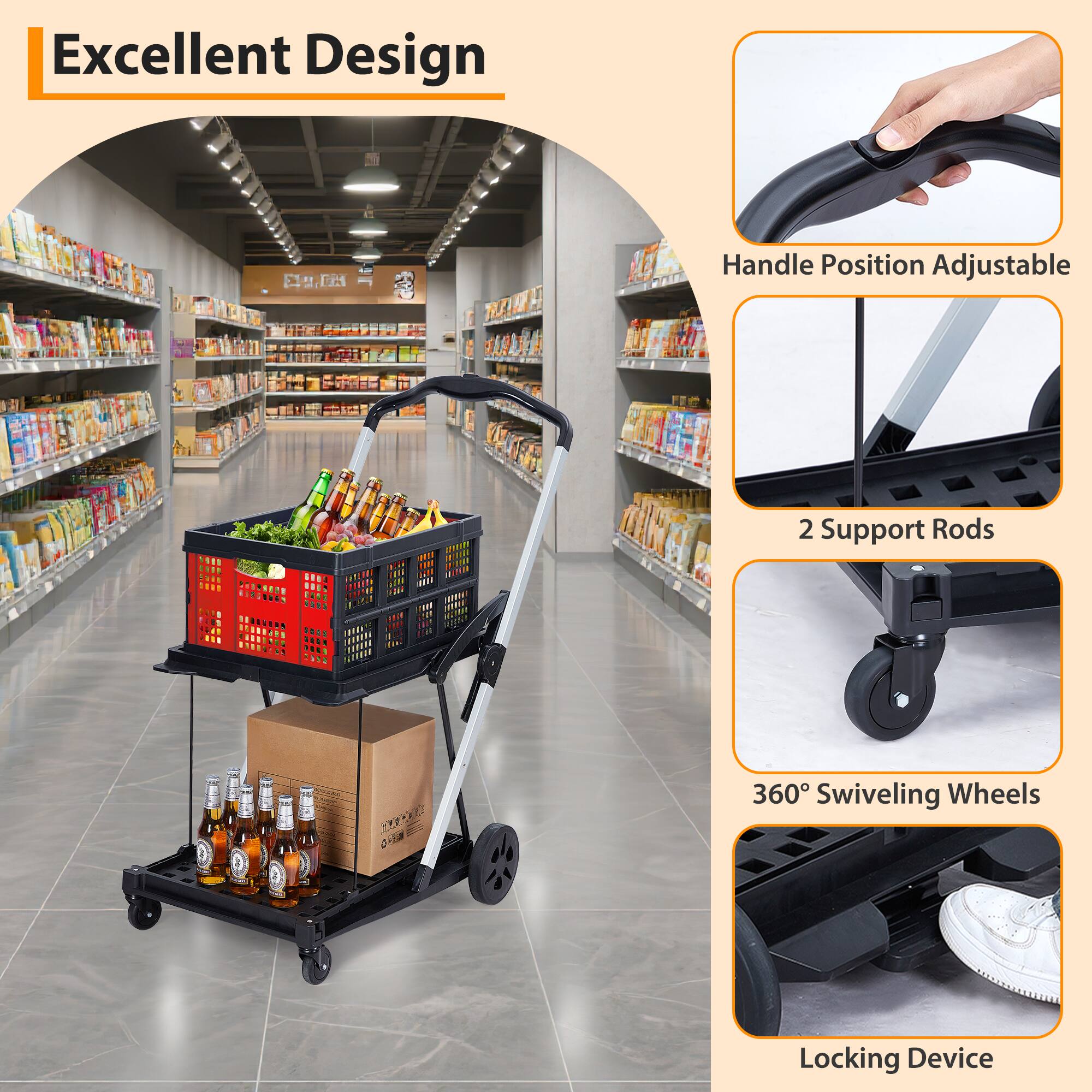 Excellent Design

- Handle Position Adjustable
- 2 Support Rods
- 360° Swiveling Wheels
- Locking Device