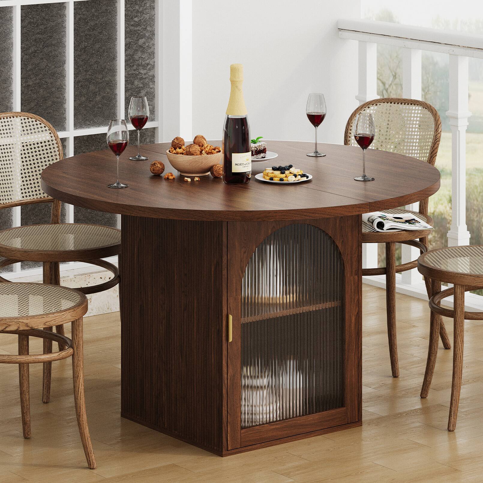 Left. Anysun - 47" Round Dining Table with Storage Cabinet - Pedestal Base, Ribbed Glass Doors, Seats 4-6 for Apartments. - Walnut.