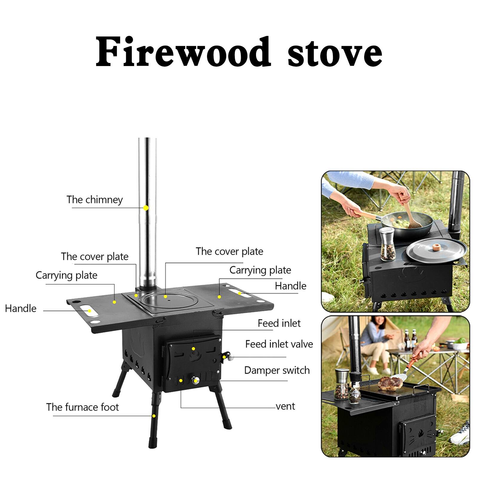 Firewood stove

- The chimney
- The cover plate
- Carrying plate
- Handle
- Feed inlet
- Feed inlet valve
- Damper switch
- The furnace foot vent