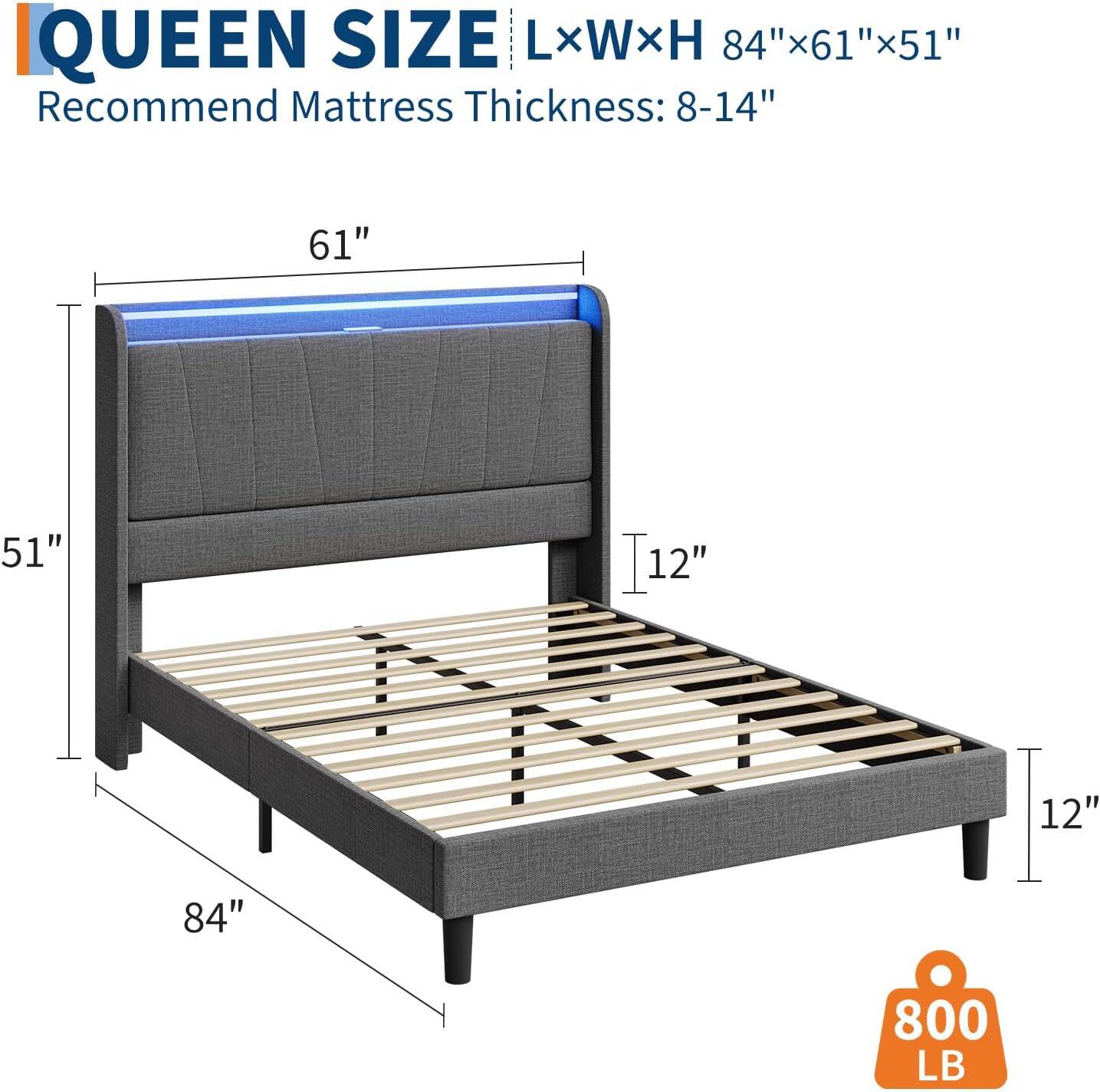 QUEEN SIZE  
LxWxH 84"x61"x51"  
Recommend Mattress Thickness: 8-14"  

800 LB