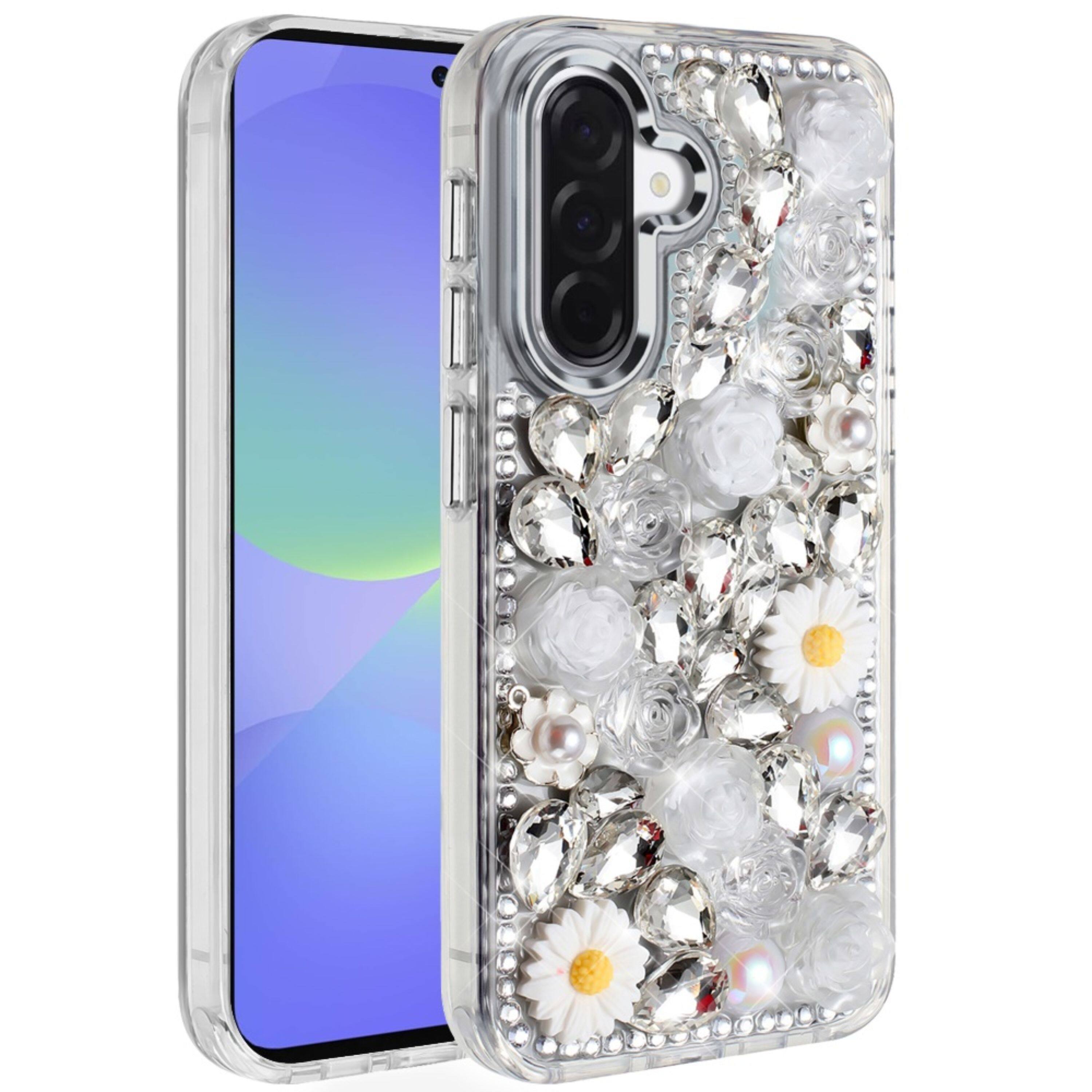 Front. Kitcheniva - Fashionable 3D Jewel Bling Rhinestone Case With Tempered Glass For Samsung A37 White - White.
