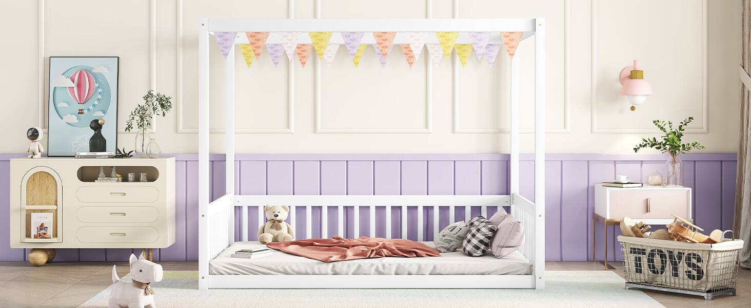 Alt View 7. Tiramisubest - Full Size Canopy Frame Floor Bed with Fence, Guardrails,White - White.