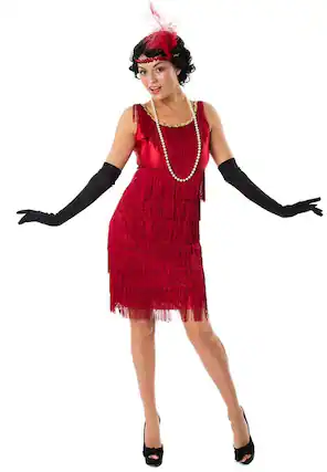 Front. Busy Bee - 1920s Red Flapper Women's Costume Dress - Large - Red.