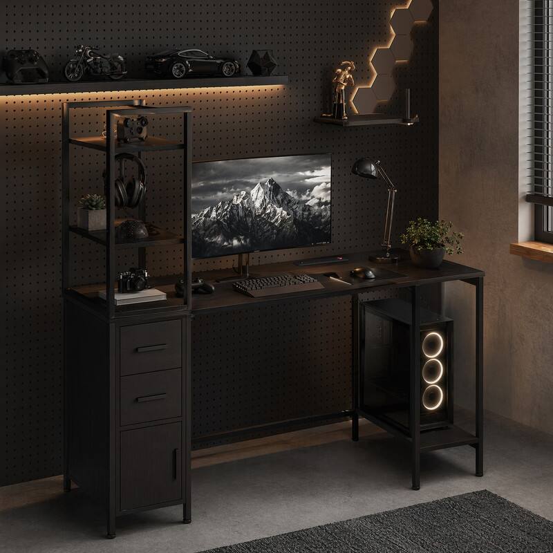 Alt View 2. WELLFOR - 55" Compute Desk with LED Light & Power Outlets, Home Office Desk with Drawers & Open Shelves - Black.