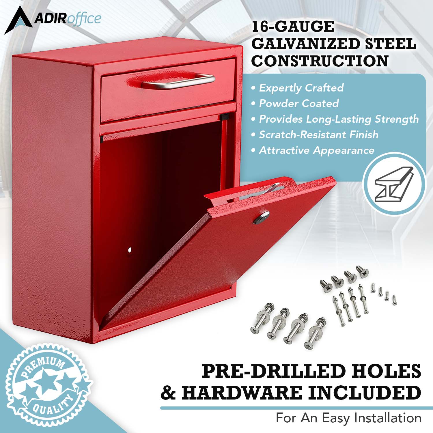 ADIRoffice, 16-GAUGE GALVANIZED STEEL CONSTRUCTION, Expertly Crafted, Powder Coated, Provides Long-Lasting Strength, Scratch-Resistant Finish, Attractive Appearance, PREMIUM QUALITY, PRE-DRILLED HOLES & HARDWARE INCLUDED, For An Easy Installation