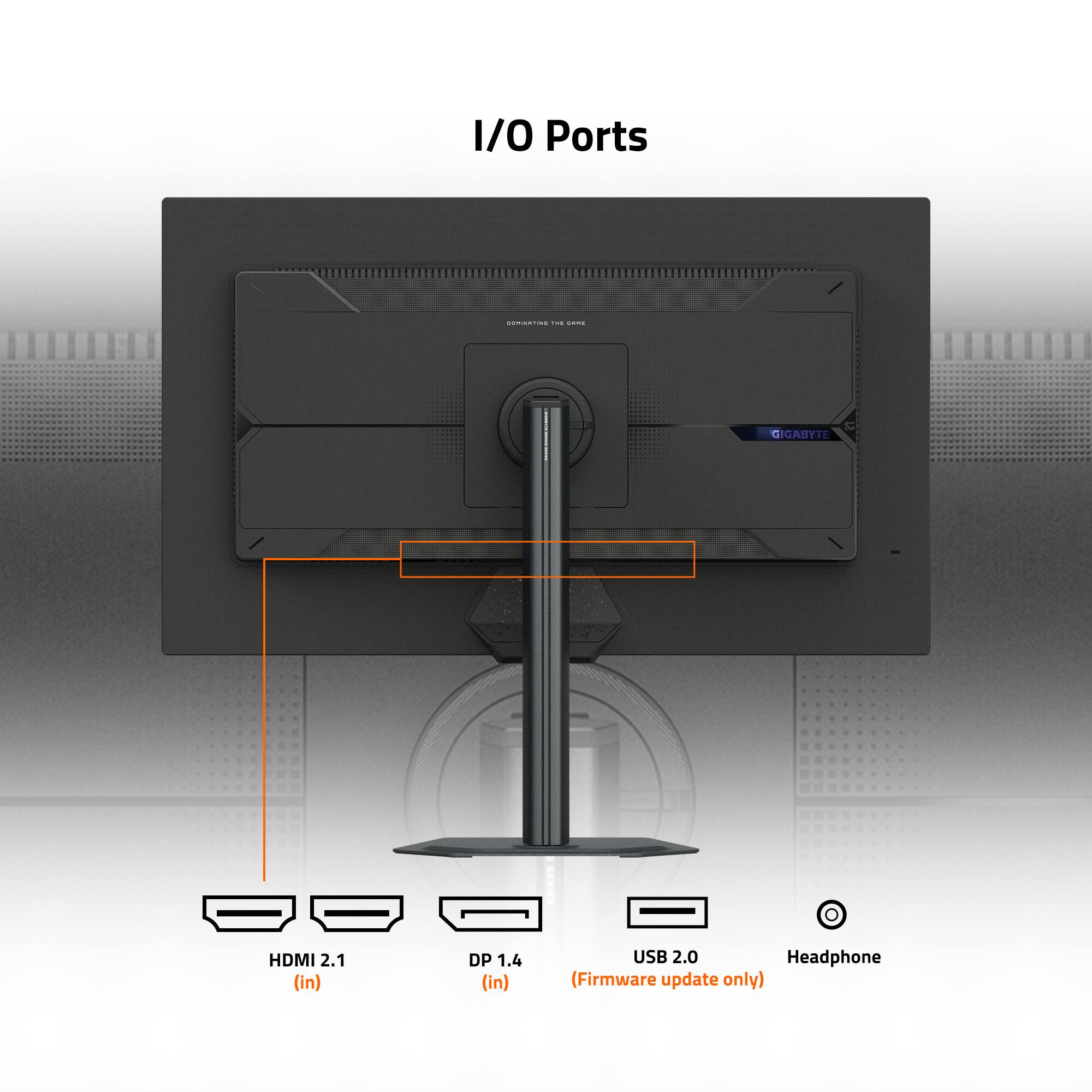 I/O Ports  
- HDMI 2.1 (in)  
- DP 1.4 (in)  
- USB 2.0  
- Headphone (Firmware update only)