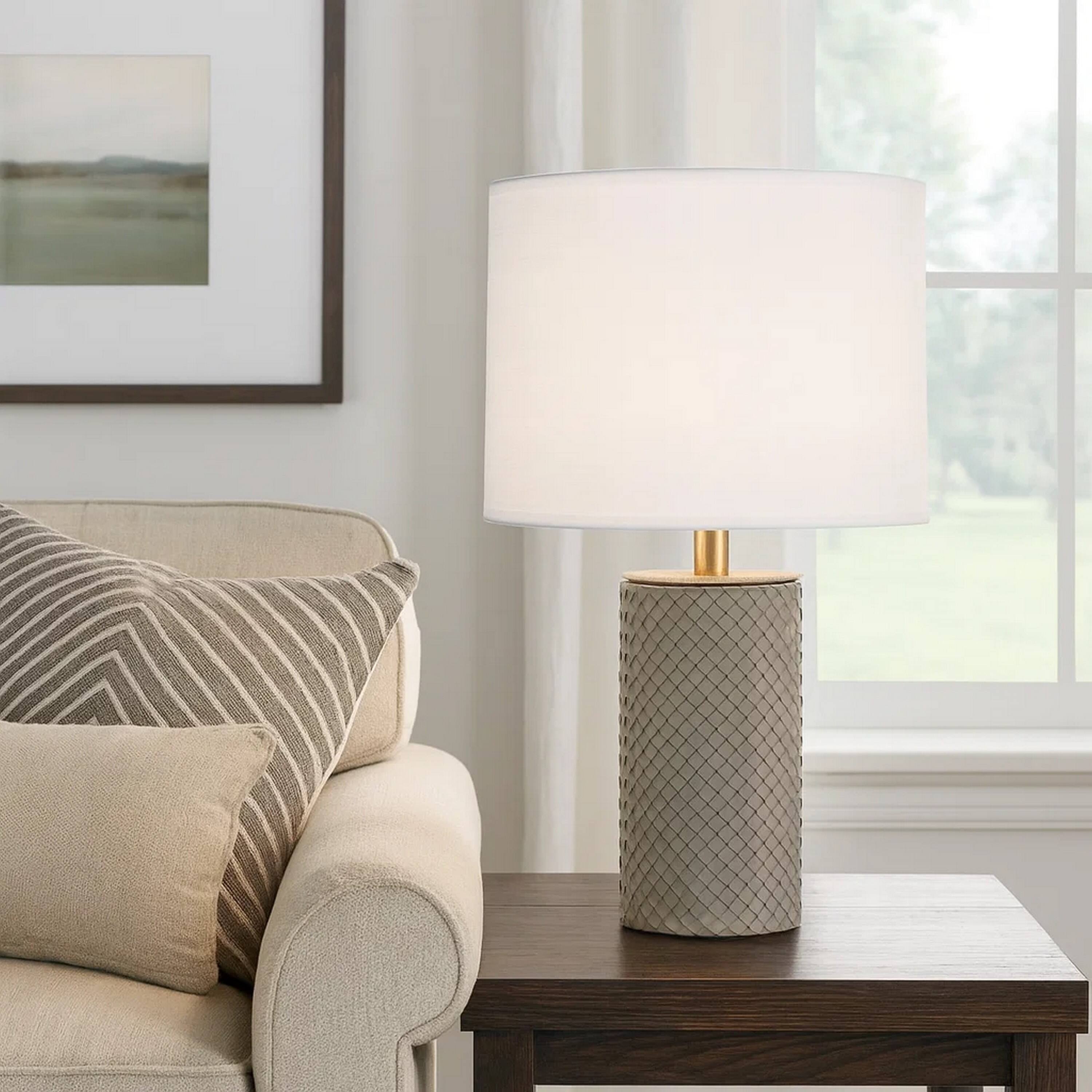 Alt View 3. Manhattan Lane - Myn Table Lamp, 18 Inch, Linen Drum Shade, Leather Base - Gray, White, Brass.