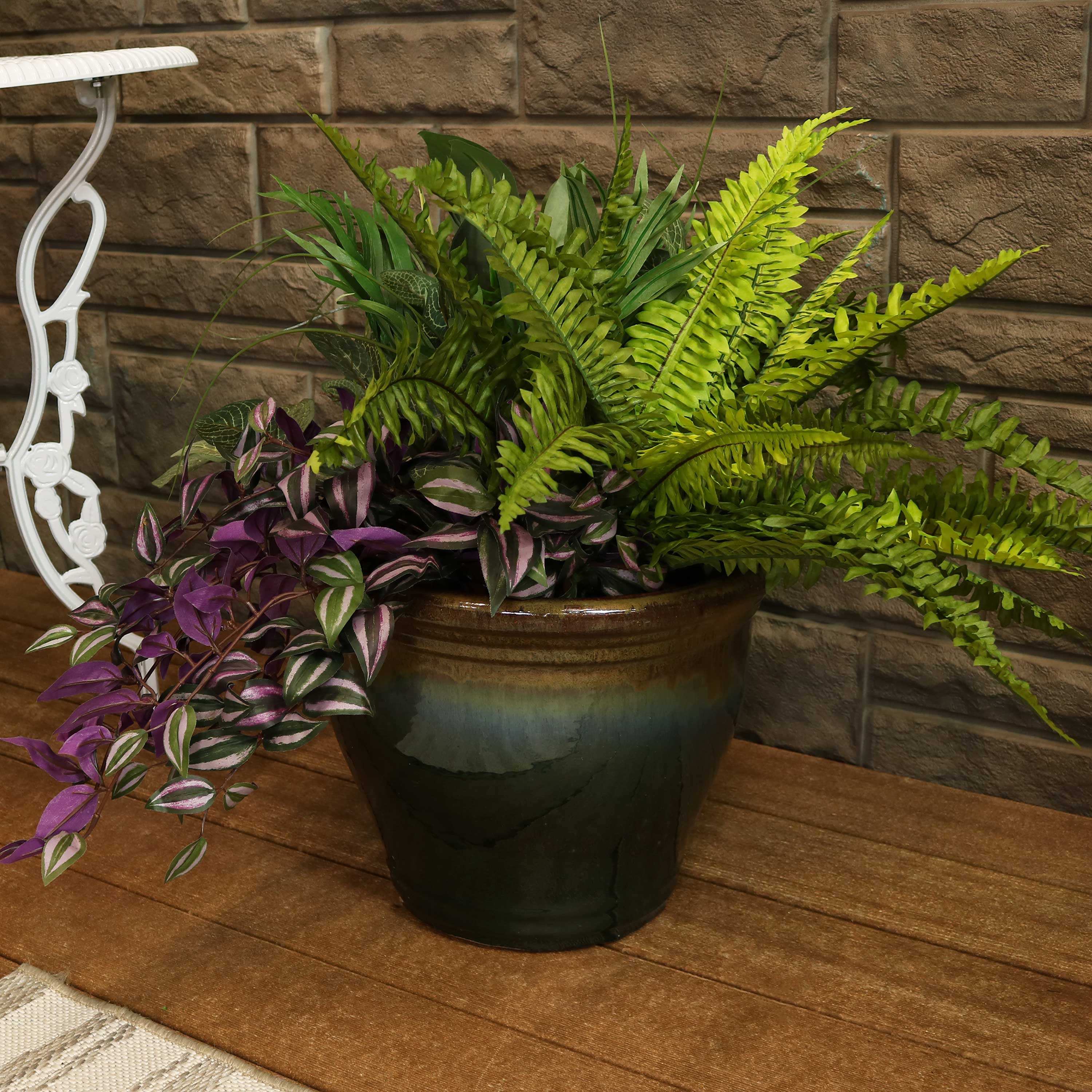 Alt View 1. Sunnydaze - 15 in Studio High-Fired Glaze Ceramic Planter - Forest Lake Green.