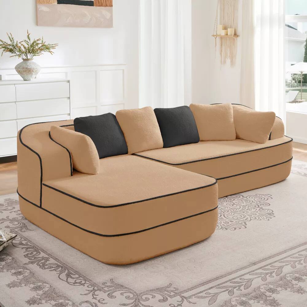 Back. Aukfa - 106" Fluffy Teddy Fabric Oversized Modular Sectional 3-Seats Sofa with L-Shaped Chaise for Living Room - Camel.