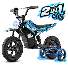 Hover Heart - 2-in-1 Kids Electric Dirt Bike with Removable Training Wheels, 24V Brushless Motor, Beginner-Friendly - 12.5 - Sky Blue