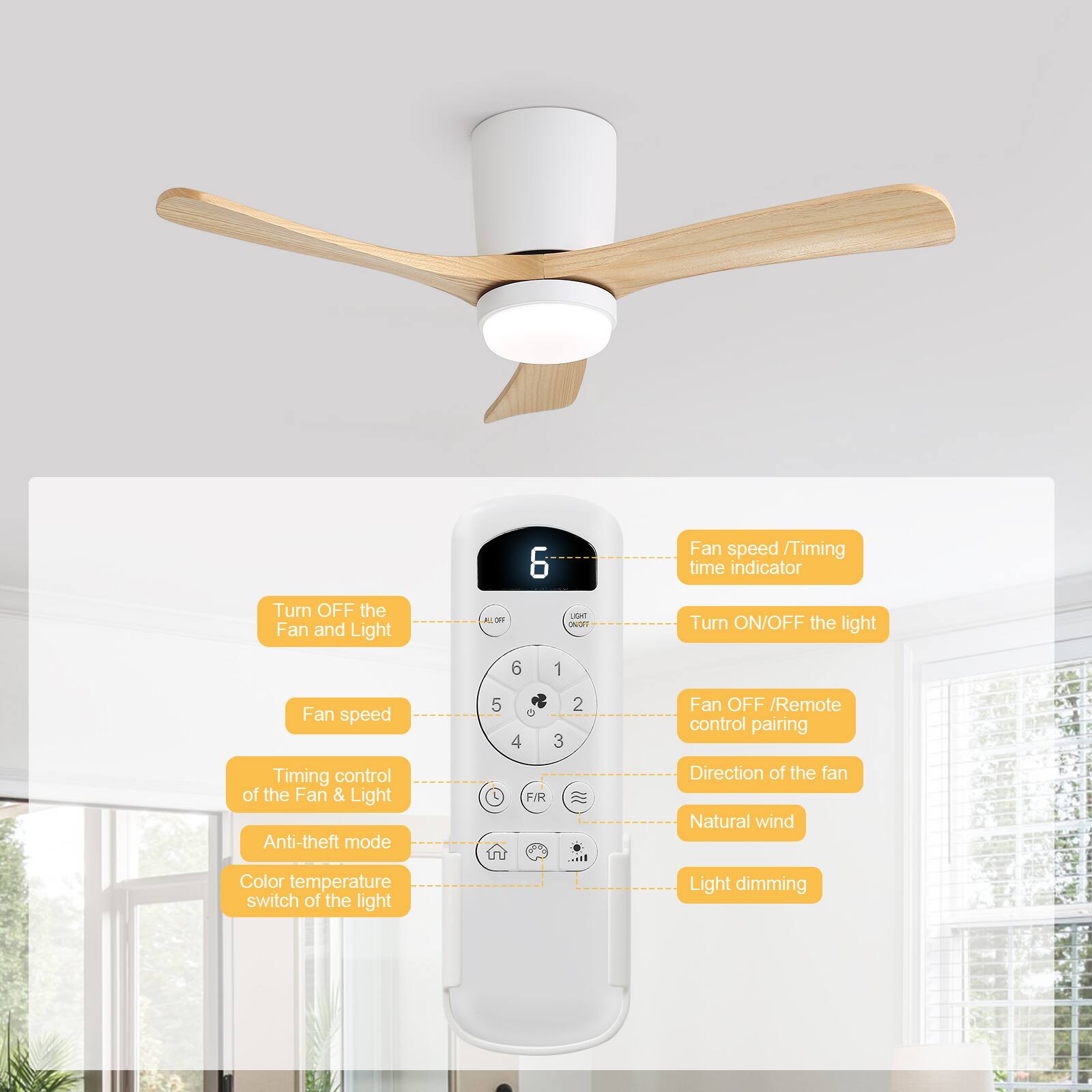 - Fan speed / Timing time indicator
- Turn OFF the Fan and Light
- Turn ON/OFF the light
- Fan speed Timing control of the Fan & Light
- Anti-theft mode
- Fan OFF / Remote control pairing
- Direction of the fan
- Natural wind
- Color temperature switch of the light
- Light dimming