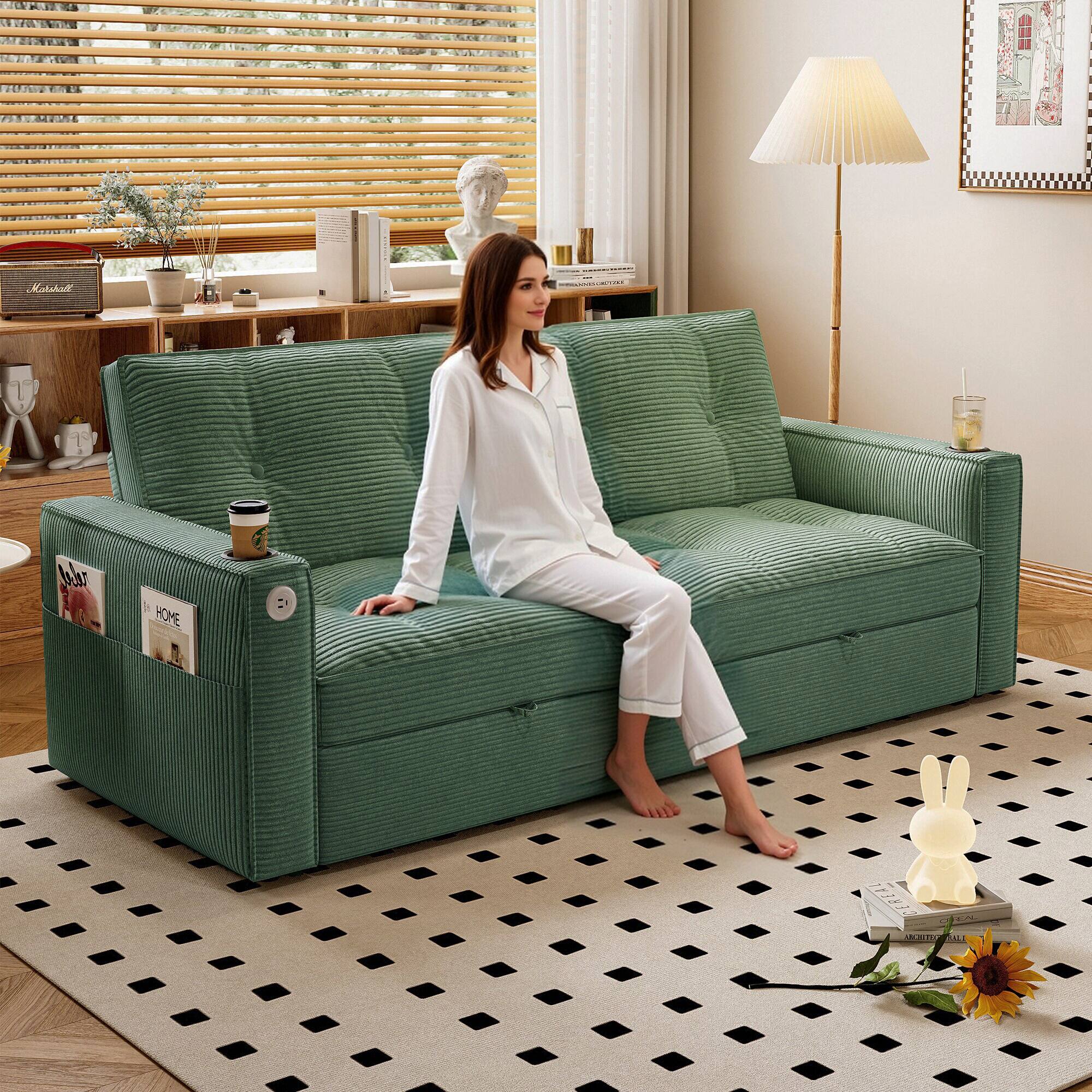 LUCKY ONE - 2-in-1 Convertible Sofa Bed with Corduroy Upholstery, Dual Armrest Cup Holders and Side Storage - Green