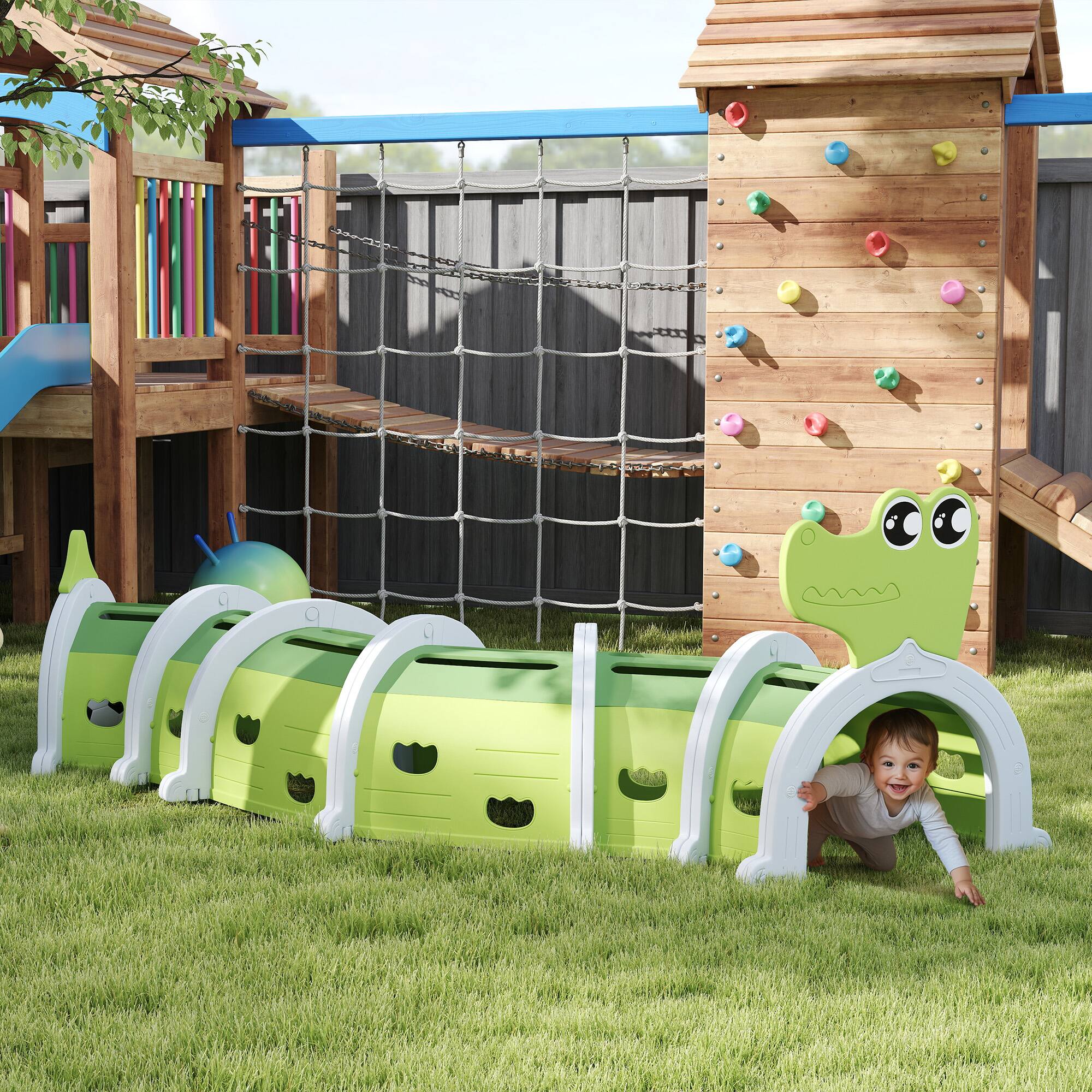 Angle. Qaba - Crocodile Tunnel, Toddler Tunnel for Kids Crawl and Climb Through, Kids' Play Structure Indoor Outdoor, 6 Sections.
