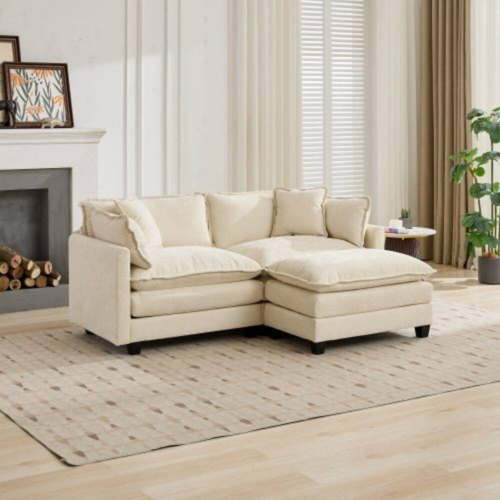Back. LUCKY ONE - Modular Cloud Sofa Loveseat Sectional Couch Chenille Fabric Double Layer Cushion - Beige.