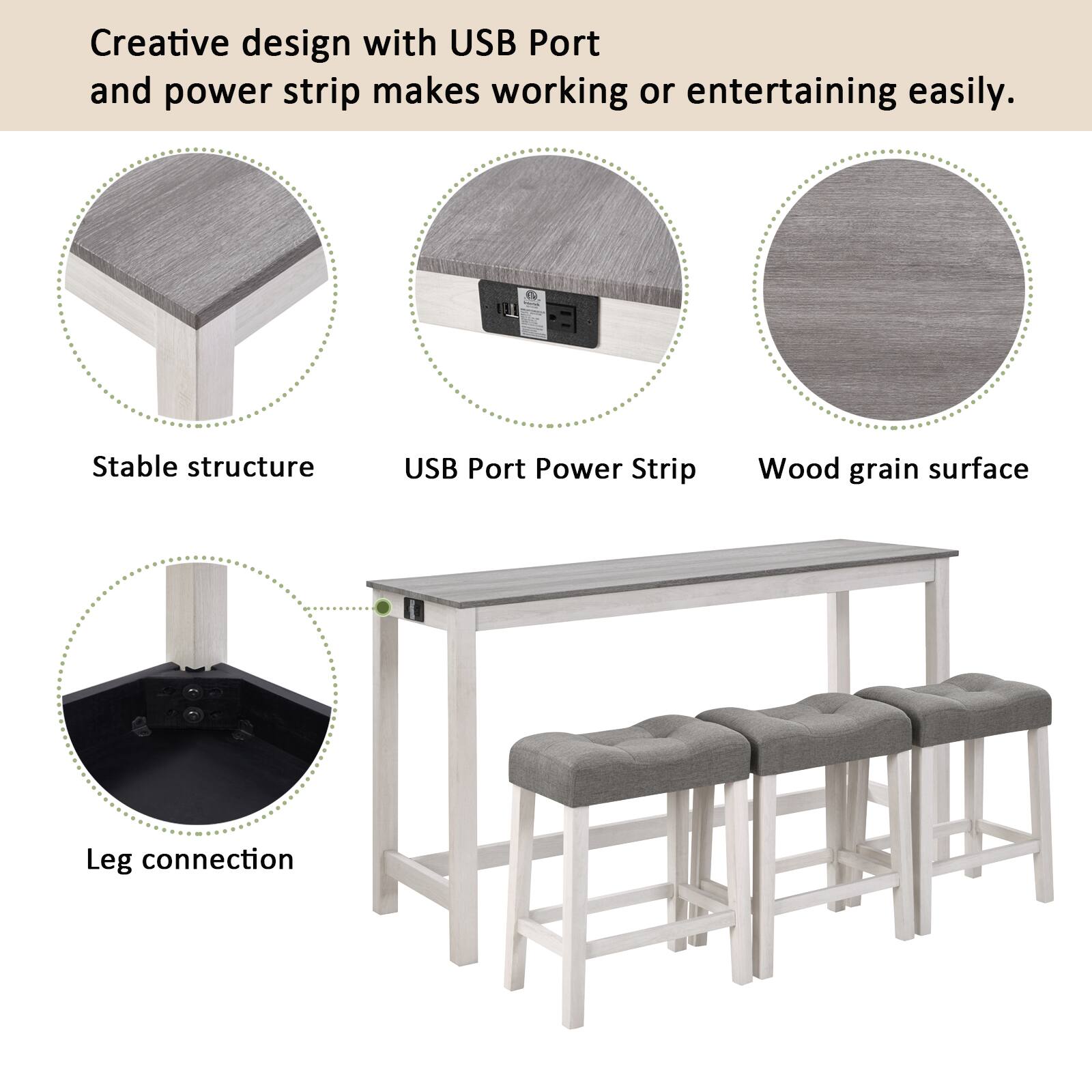 Creative design with USB Port and power strip makes working or entertaining easily.

- Stable structure
- USB Port Power Strip
- Wood grain surface
- Leg connection