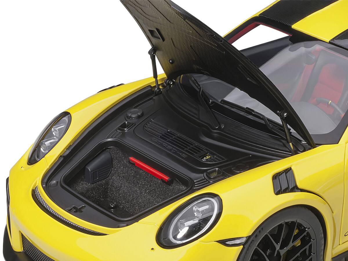 Left. Autoart - Porsche 911 (991.2) GT2 RS Weissach Package Racing Yellow with Carbon Stripes 1/18 Model Car by Autoart - Yellow With Carbon.