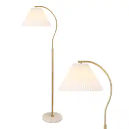 Jonathan Y - Devon 60.5" Modern Glam Metal Arc LED Floor Lamp with Pleated Shade with Marble Base, /White - Brass Gold