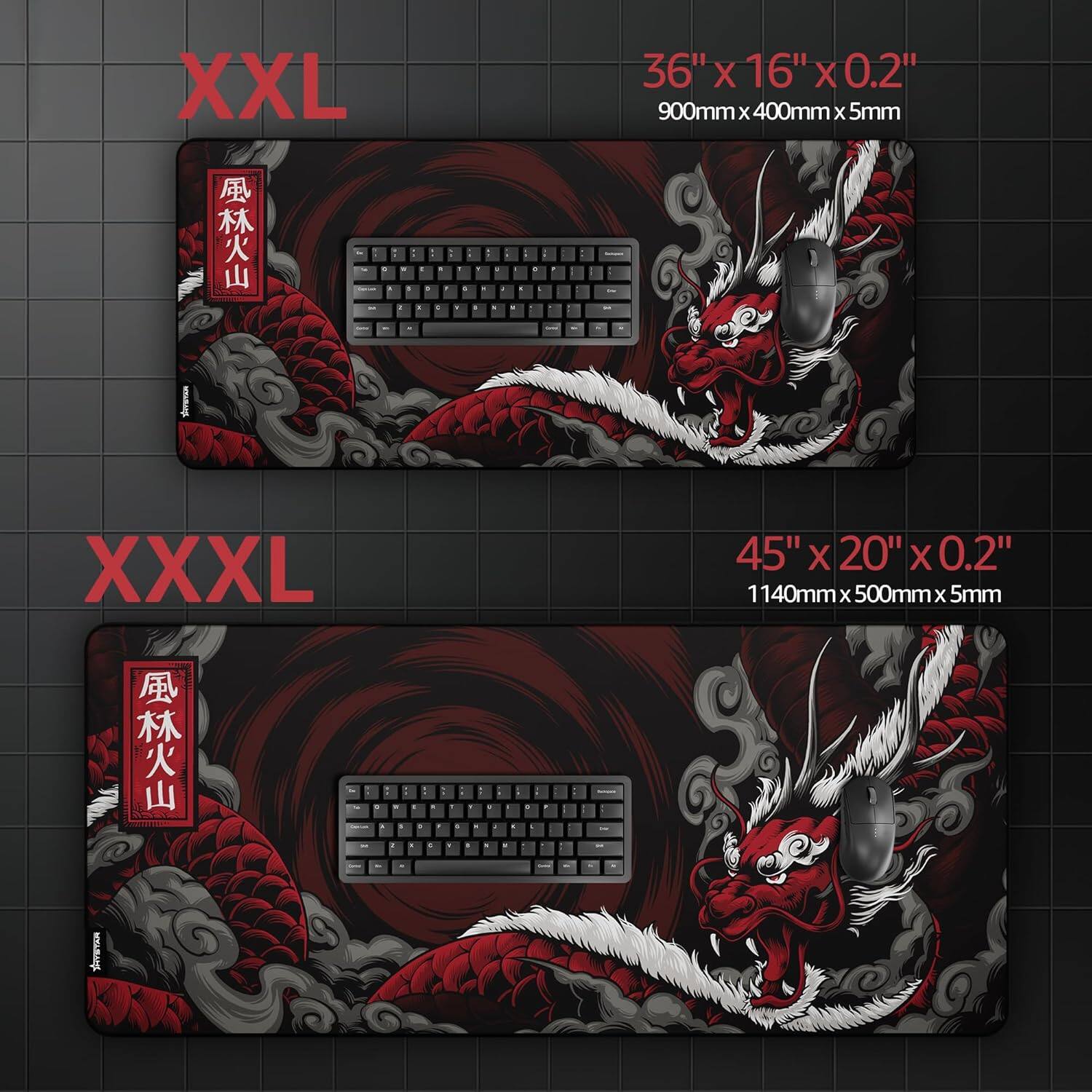 XXL  
36" x 16" x 0.2"  
900mm x 400mm x 5mm  

XXXL  
45" x 20" x 0.2"  
1140mm x 500mm x 5mm