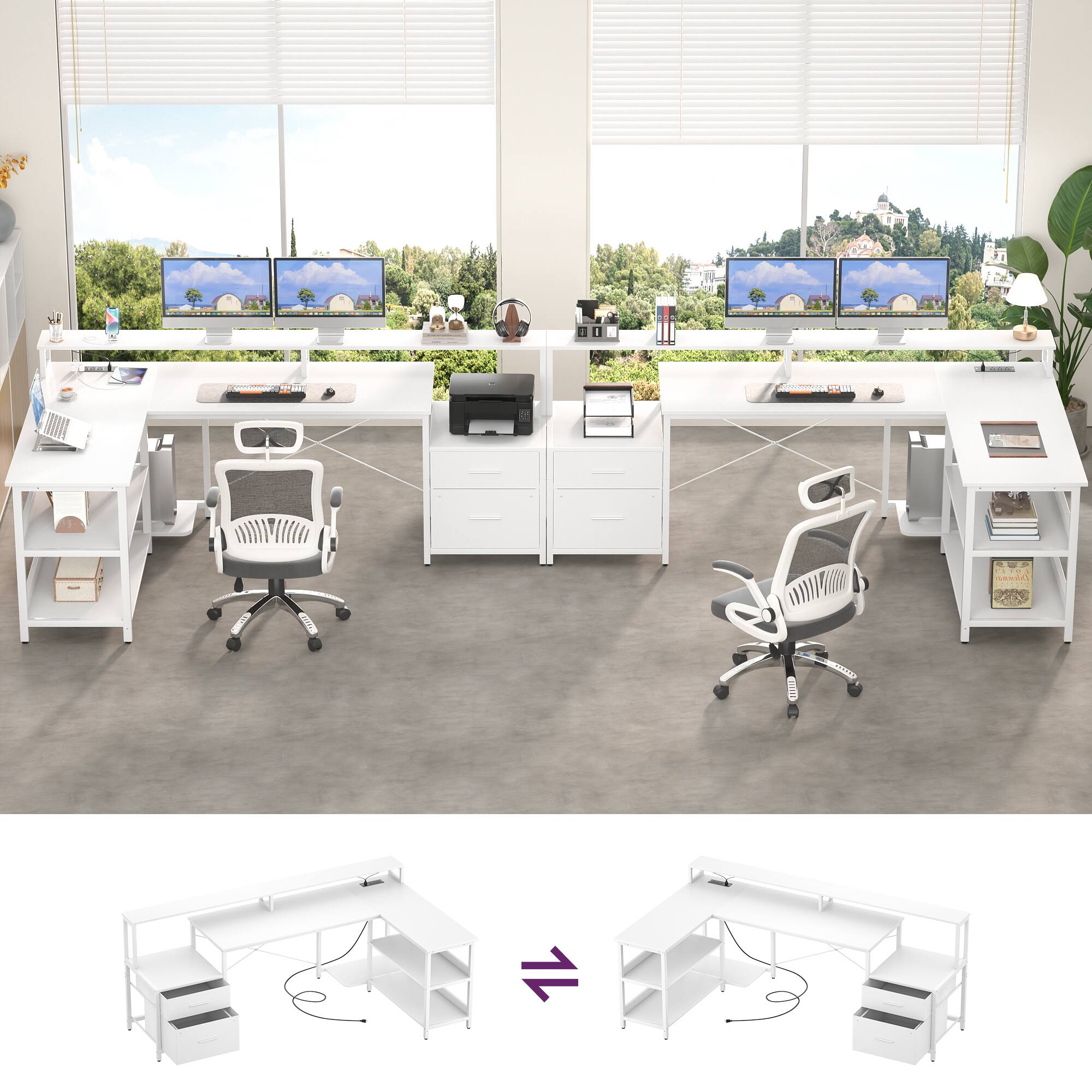 Left. Aheaplus - Reversible L Shaped Gaming/Office Desk with Power Outlet, File Drawer, Monitor Stand, LED Strip & Storage Shelf - White.