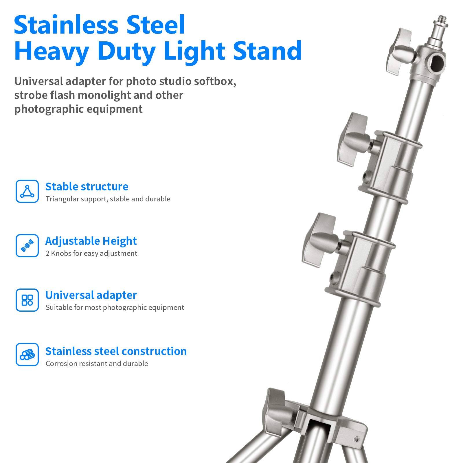 Stainless Steel Heavy Duty Light Stand

Universal adapter for photo studio softbox, strobe flash monolight and other photographic equipment

- Stable structure
  - Triangular support, stable and durable

- Adjustable Height
  - 2 Knobs for easy adjustment

- Universal adapter
  - Suitable for most photographic equipment

- Stainless steel construction
  - Corrosion resistant and durable