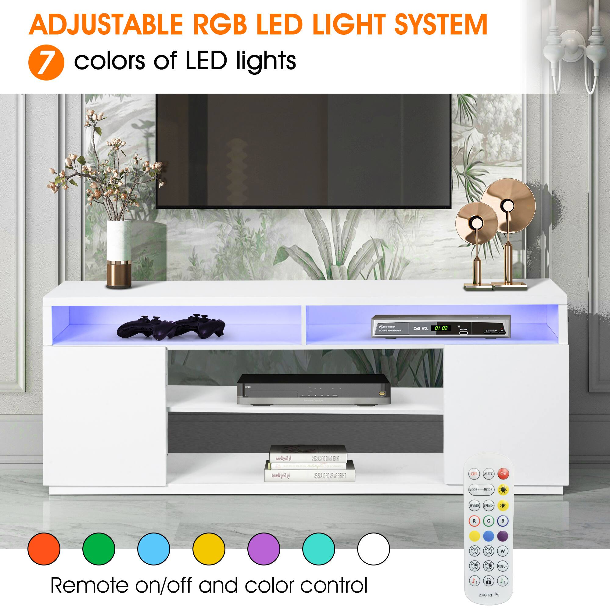 ADJUSTABLE RGB LED LIGHT SYSTEM  
7 colors of LED lights  

Remote on/off and color control