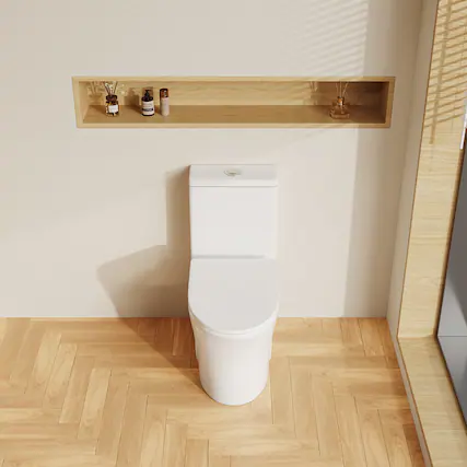 Front. Bothwa Home - 14.37" W One-Piece Elongated Comfort Height Toilet, Dual Flush, Soft-Close Seat, Skirted Trapway, Space-Saving - White.