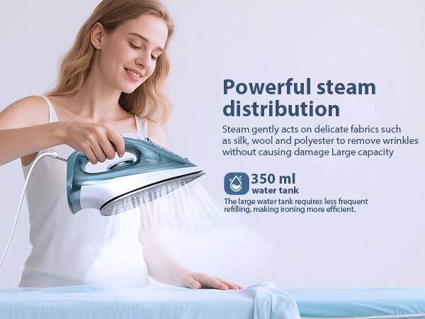 Powerful steam distribution  
Steam gently acts on delicate fabrics such as silk, wool, and polyester to remove wrinkles without causing damage.  
Large capacity 350 ml water tank  
The large water tank requires less frequent refilling, making ironing more efficient.