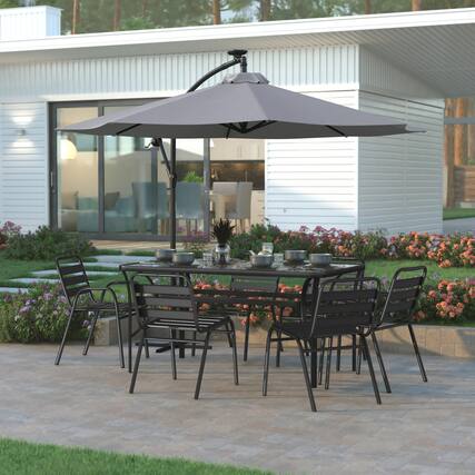 Front. Emma + Oliver - Sabaneta 10ft Round Solar LED Cantilever Umbrella with Easy Lift and Tilt Function, Built in Cross Base - Gray.