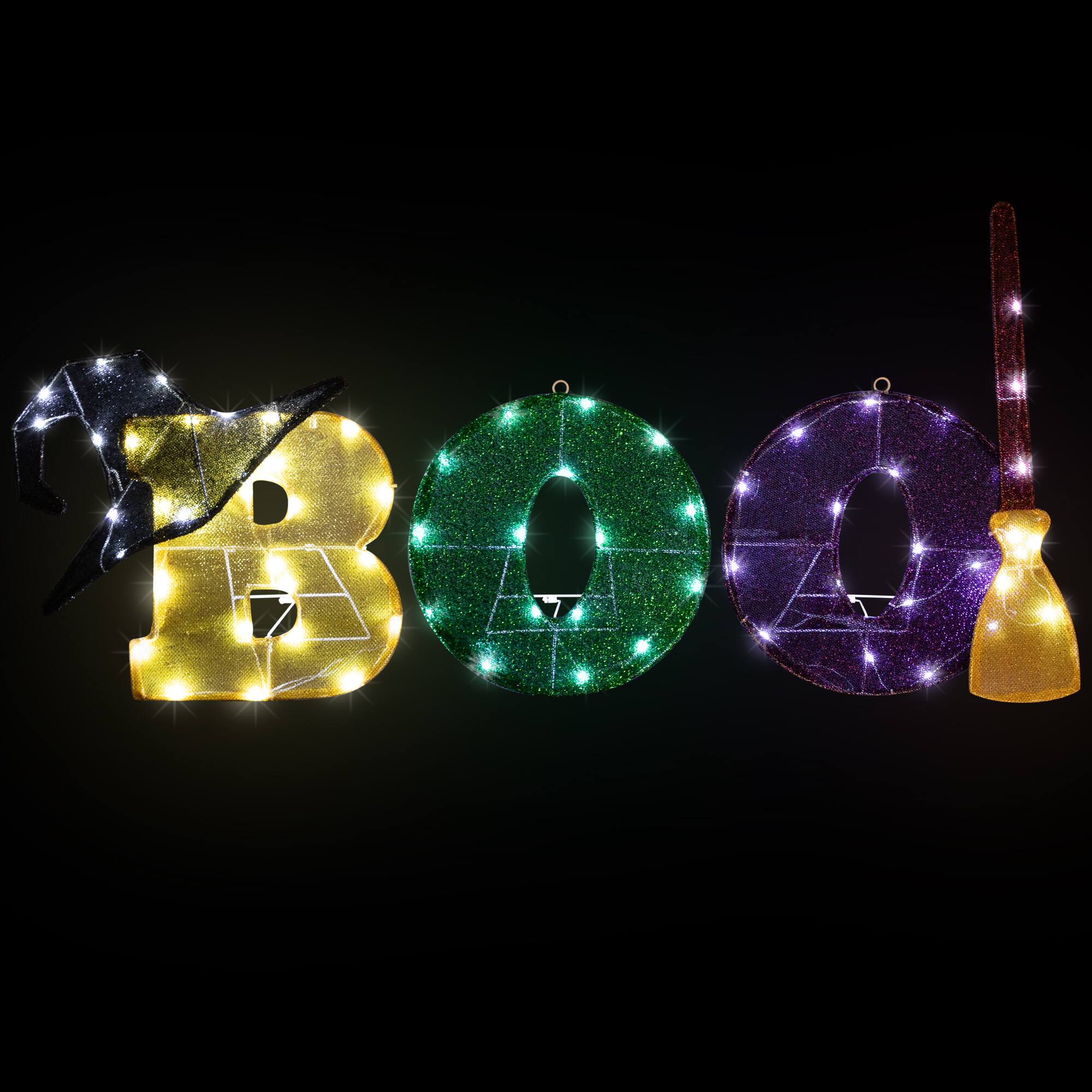 Front. Northlight - LED Lighted Tinsel BOO Outdoor Halloween Sign Decoration - 50" - Clear Lights - Green.