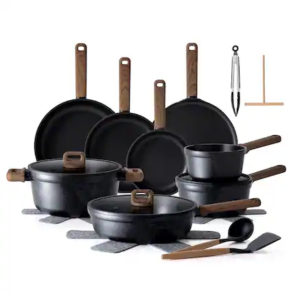 Front. SENSARTE - 24-Pcs Nonstick Pots and Pans Set, Healthy Non Stick Cookware with Stay-Cool Handle/Induction Compatible/Dishwasher Safe - Black.