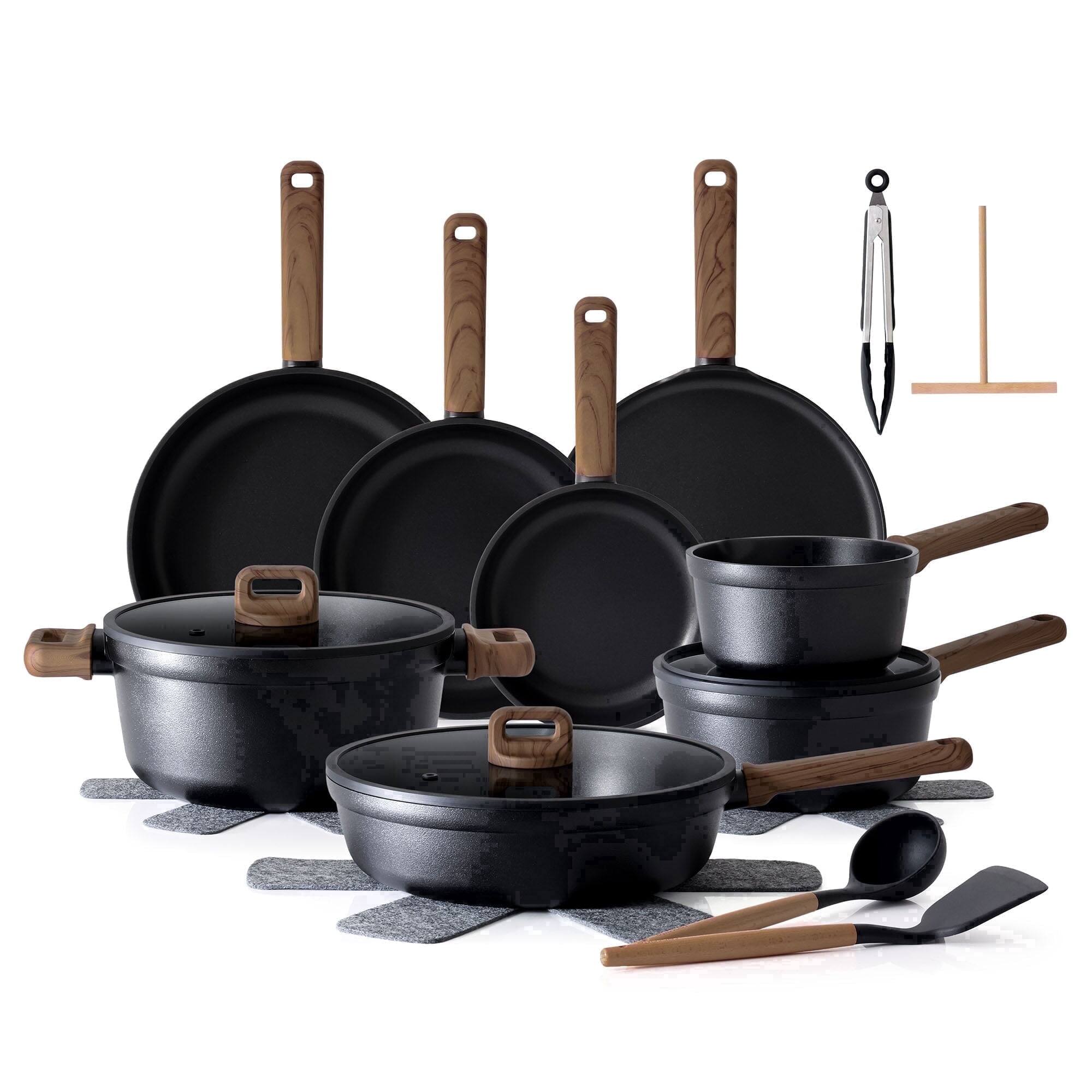 Front. SENSARTE - 24-Pcs Nonstick Pots and Pans Set, Healthy Non Stick Cookware with Stay-Cool Handle/Induction Compatible/Dishwasher Safe - Black.