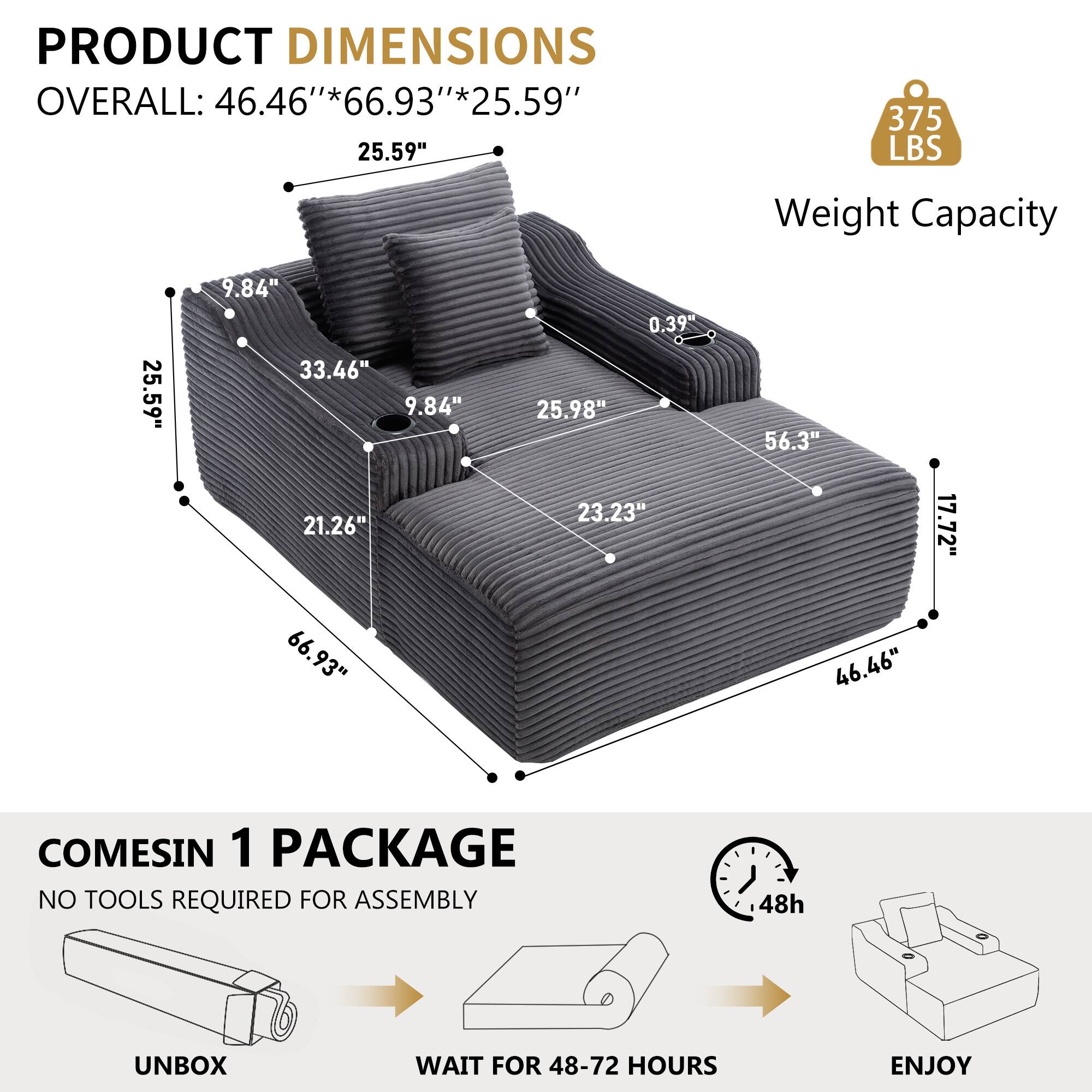 PRODUCT DIMENSIONS  
OVERALL: 46.46" * 66.93" * 25.59"  

Weight Capacity: 375 LBS  

COMES IN 1 PACKAGE  
NO TOOLS REQUIRED FOR ASSEMBLY  
UNBOX  
WAIT FOR 48-72 HOURS  
ENJOY