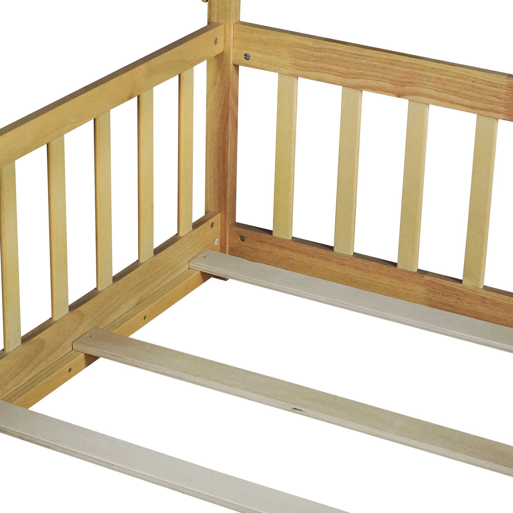 Alt View 2. GOODSILO - Full Size Tent-Shaped Wooden Floor Bed with Guardrails, Slats, and Entry Door - Natural.