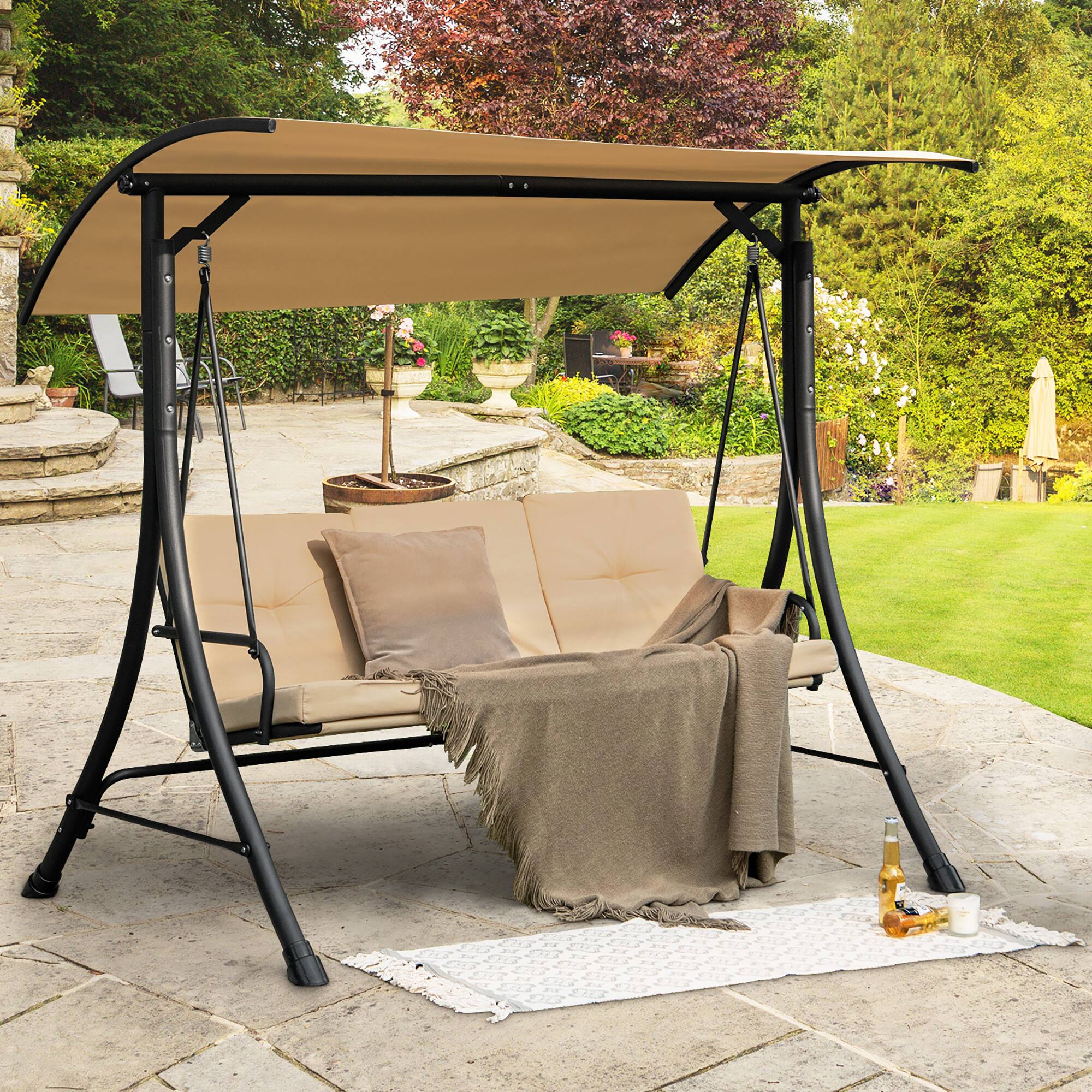 Alt View 1. Costway - Costway 3-Seat Outdoor Porch Swing Adjustable Canopy Padded Cushions Steel Frame - Beige.